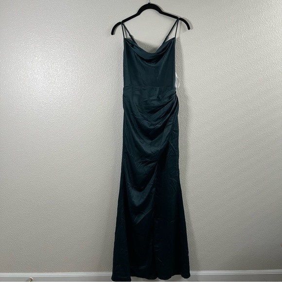Lulus Moments of Beauty Dark Teal Satin Cowl Neck Tulip Maxi Dress Small - Picture 5 of 11